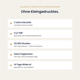 Solvana Leg: 2 Jahre Garantie, 0 µT EMF, 50.000 Stunden LED-Lebensdauer, 14 Tage Widerruf