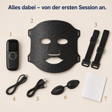 Solvana Glow Lieferumfang: Maske, Controller, Bänder, Kabel, USB-Kabel, Augenschutz, Anleitung