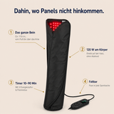 Solvana Leg Vorteile: ganzes Bein ca. 110 cm, 120 W am Körper, Timer 10–90 Min, faltbar