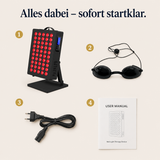 Solvana Ray Lieferumfang: Panel, Augenmaske, Netzkabel, Anleitung